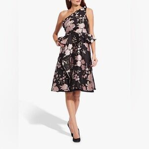 NEW Adrianna Papell Black Pink Floral Print Jacquard One Shoulder Dress Size 4